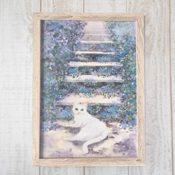 白猫の華　1点もの　アクリル画　A4　アート　額付き　送料無料 白猫の華 1点もの アクリル画 A4 アート 額付き 送料無料