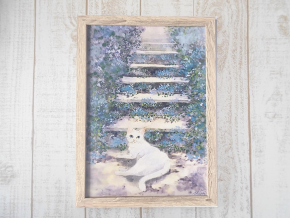 日本画　白猫風景　A4 複製画 1枚目の画像