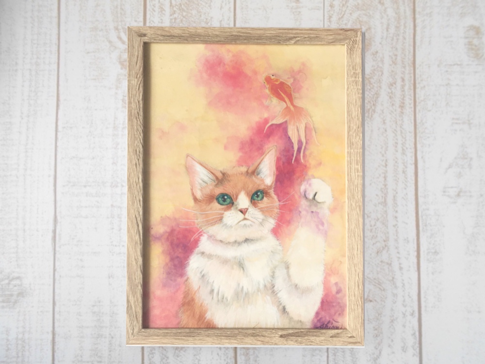 特別価格☆【原画】『夏の終わりの使者』（黒猫　金魚　絵画　手描き　和風　）