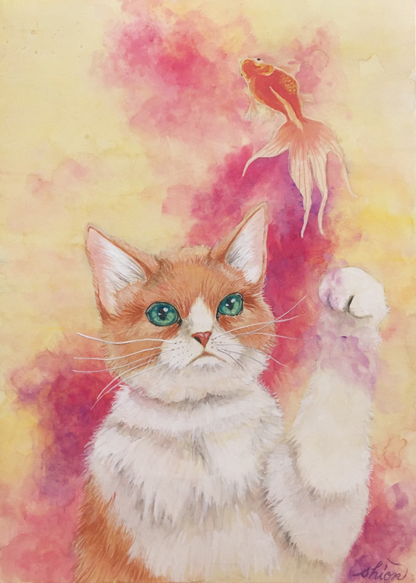日本画　猫と金魚　原画 2枚目の画像