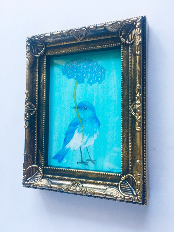 ミニ日本画　青い鳥の絵　鳥の絵画 2枚目の画像