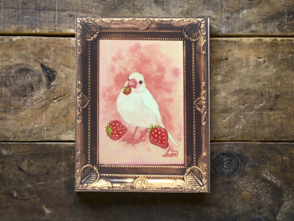 ミニ日本画　イチゴ文鳥　/鳥の絵画 2枚目の画像