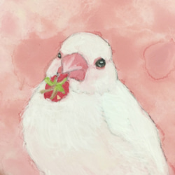 ミニ日本画　イチゴ文鳥　/鳥の絵画 6枚目の画像