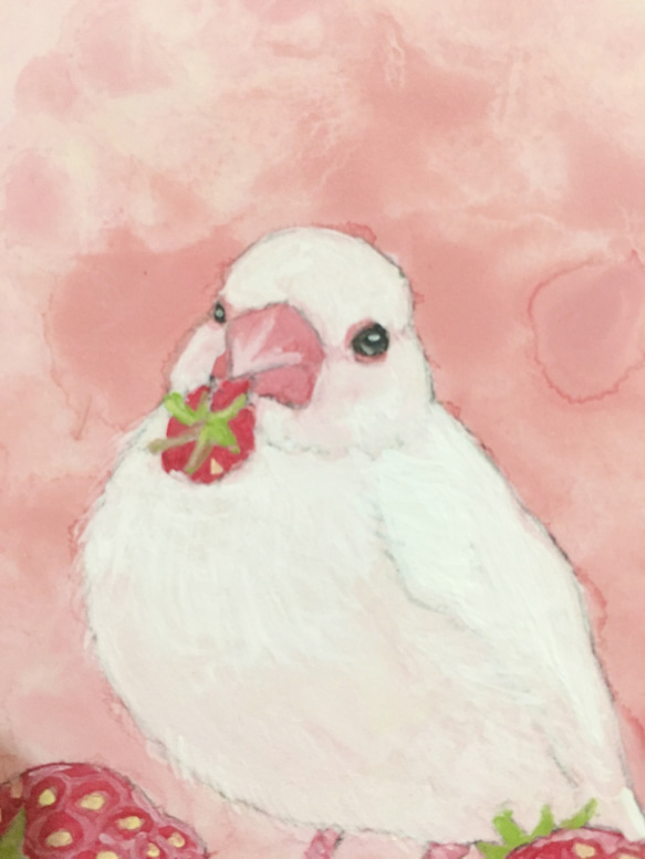ミニ日本画　イチゴ文鳥　/鳥の絵画 6枚目の画像
