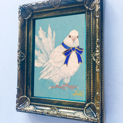 ミニ日本画　White Dove(リボン)　鳥の絵画 3枚目の画像
