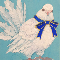 ミニ日本画　White Dove(リボン)　鳥の絵画 4枚目の画像