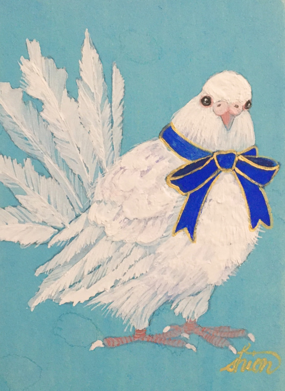 ミニ日本画　White Dove(リボン)　鳥の絵画 4枚目の画像