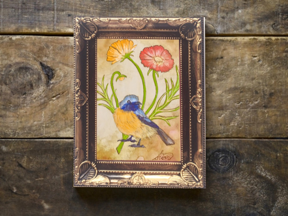 アンティーク風小さい日本画　小鳥とコスモス 1枚目の画像