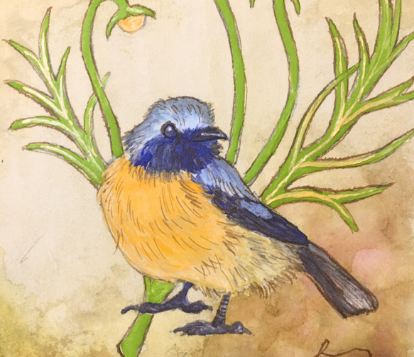 アンティーク風小さい日本画　小鳥とコスモス 3枚目の画像