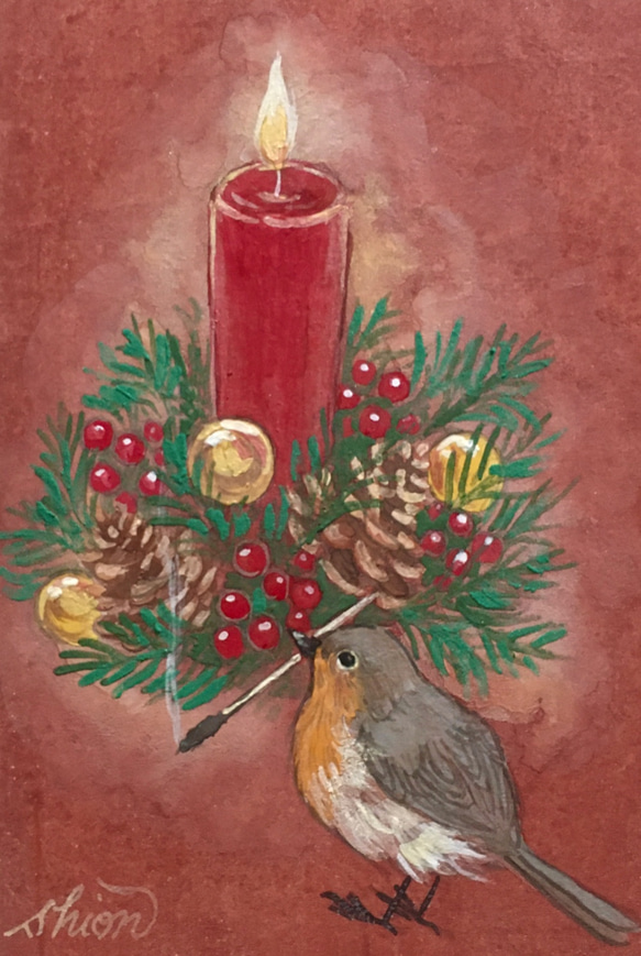 原画　クリスマスの小さい日本画　キャンドルとコマドリ 4枚目の画像