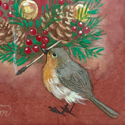原画　クリスマスの小さい日本画　キャンドルとコマドリ 5枚目の画像