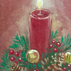 原画　クリスマスの小さい日本画　キャンドルとコマドリ 6枚目の画像