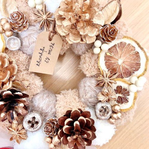 リース/ニットリース/毛糸のリース/ナチュラル/キャメル/クリスマス/壁  