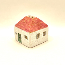 両面で違う雰囲気を楽しめる＊ブルーとモスグリーンのドアのある四角いピンク屋根のおうち（No.2105 I）オーブン陶土製 10枚目の画像