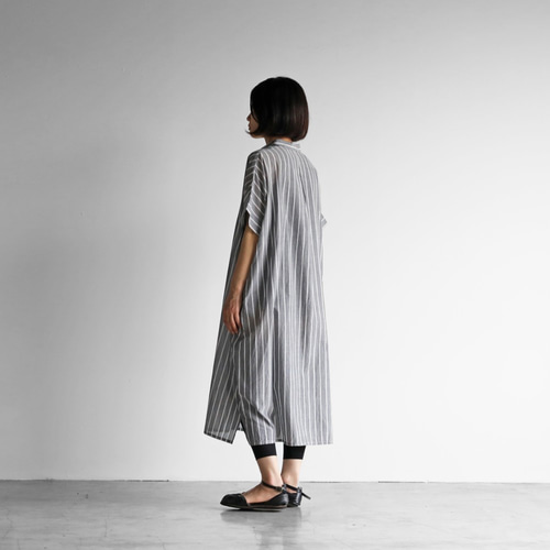 Ü ☆Handmade☆半幅帯『funky♪（グレー）✖️ストライプ』 huis ゆるふわコットンショートスリーブロングシャツ（グレー