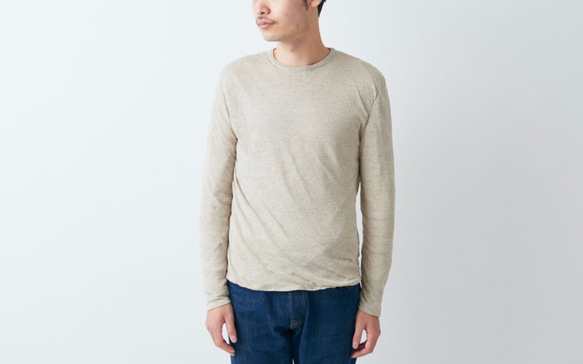 【送料無料】リネンニット mens/M 長袖プルオーバー（ナチュラル/ベージュ） 1枚目の画像