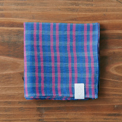 亞麻棉色織檢查手帕藍粉紅× 第1張的照片