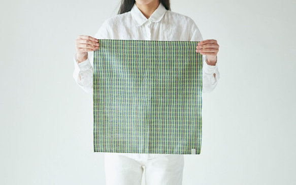 亞麻棉色織檢查手帕綠×藍 第2張的照片
