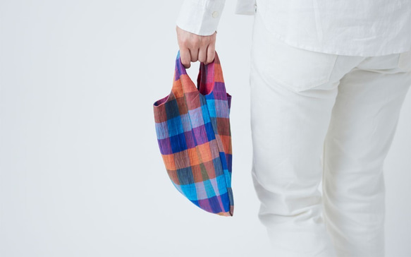 日本布料手提包|久留米布|優卡條紋紫色×白色 第8張的照片