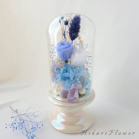 優しく清楚なブルー系ガラスドーム お供え・お悔みプリザーブドフラワー 2枚目の画像