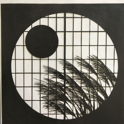 切り絵の一閑張り「お月見」値下げ 切り絵 華色切り絵12ヶ月 うさぎとお月見 | のんびり楽しく