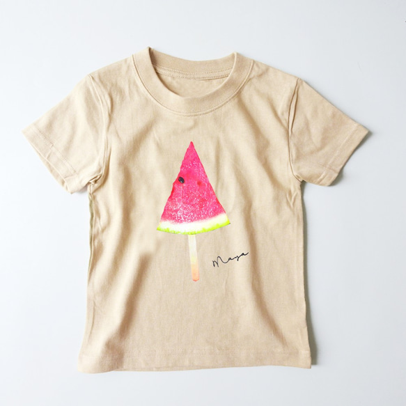 Foods on stick/リアルすいか串Tシャツ ベージュ 名入れOK 大人・キッズ・ロンパース スイカ 1枚目の画像