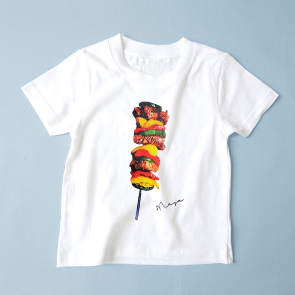 Foods on stick/リアルBBQ串Tシャツ ホワイト 名入れOK 大人・キッズ・ロンパース 1枚目の画像