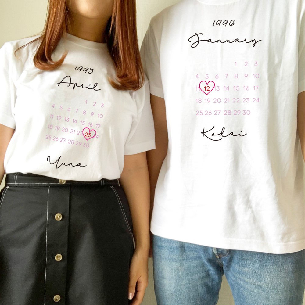 長袖あり/記念日を入れて♡カップルペアTシャツ センイルカレンダーケーキ風 date 名入れ 誕生日 結婚記念 前撮り