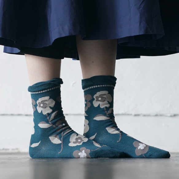春季花卉圖案襪子 3 雙套裝 Triton 藍色花卉圖案 ALCEDO 第4張的照片