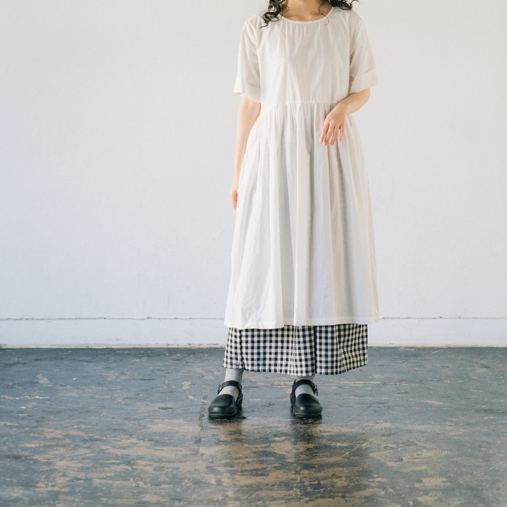 五分袖ワンピース cotton gather dress  white ALCEDO