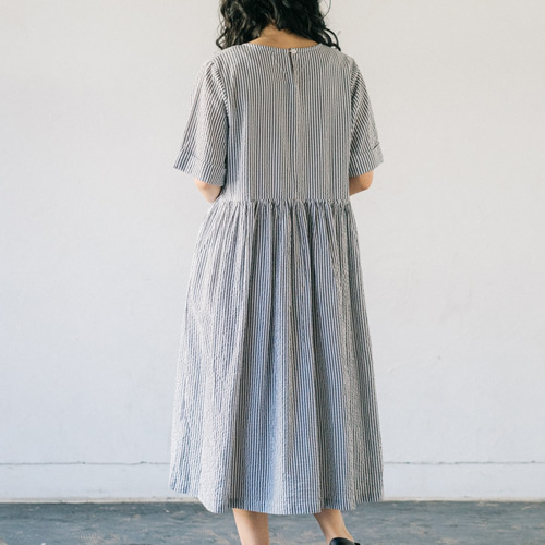 五分袖ワンピース ストライプ cotton gather dress stripe ALCEDO