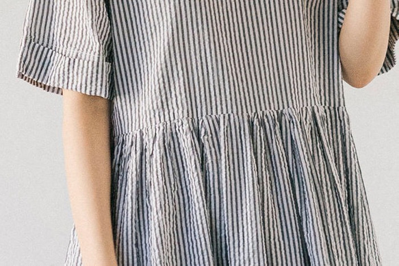 五分袖ワンピース ストライプ cotton gather dress stripe ALCEDO 5枚目の画像
