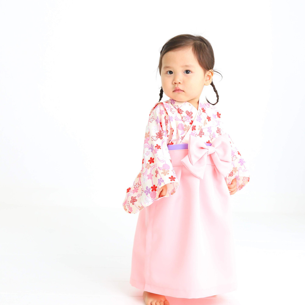 袴ワンピース【ふんわり桜×薄ピンク袴×薄ピンク襟×薄紫帯】ベビー袴・袴ロンパース・女の子・お食い初め・七五三・着物
