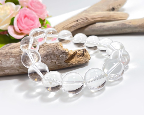 水晶3A ブレスレット 内径16cm+【大きめ！1粒14mm 】 ブレスレット 桜