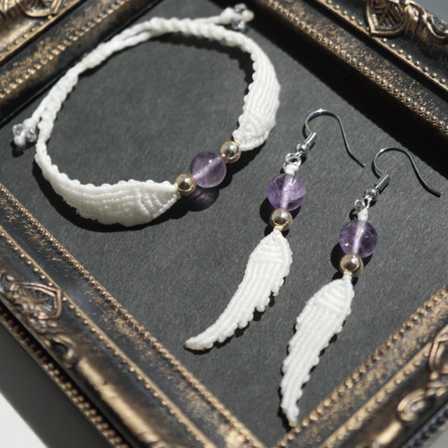 セミオーダー】天使の羽 選べる天然石 マクラメ ブレスレット&ピアス