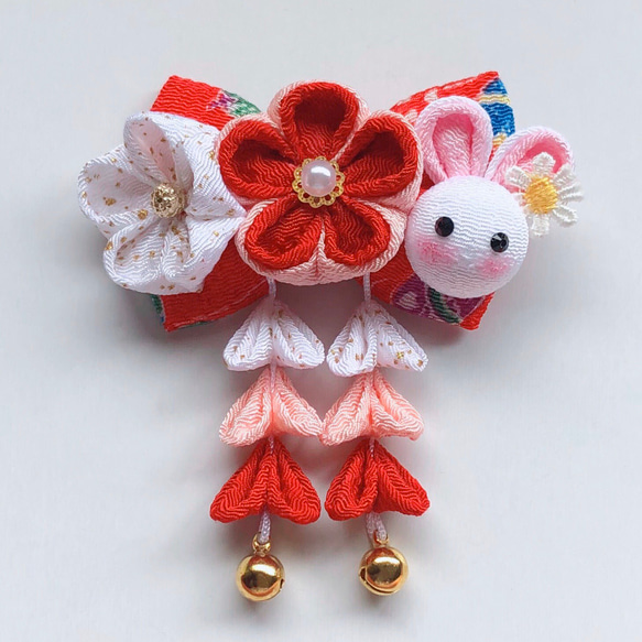 受注制作】つまみ細工《うさぎ・赤》可愛いリボン髪飾りver.2 雑貨