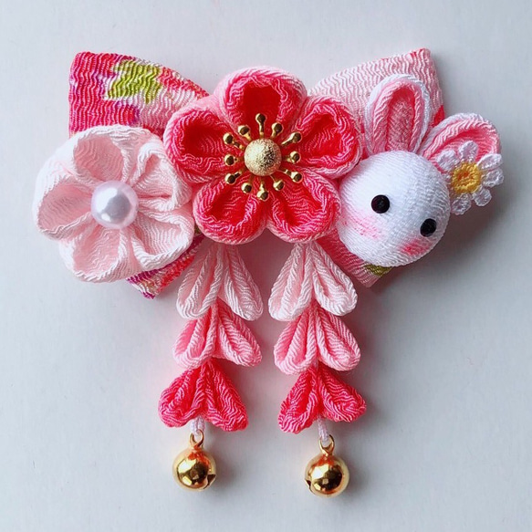 受注制作】ペット 犬・猫用 つまみ細工《うさぎ・ピンク》可愛いリボン