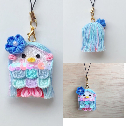 受注制作】つまみ細工 アマビエ ストラップ パステル ピンク 水色 黄色 