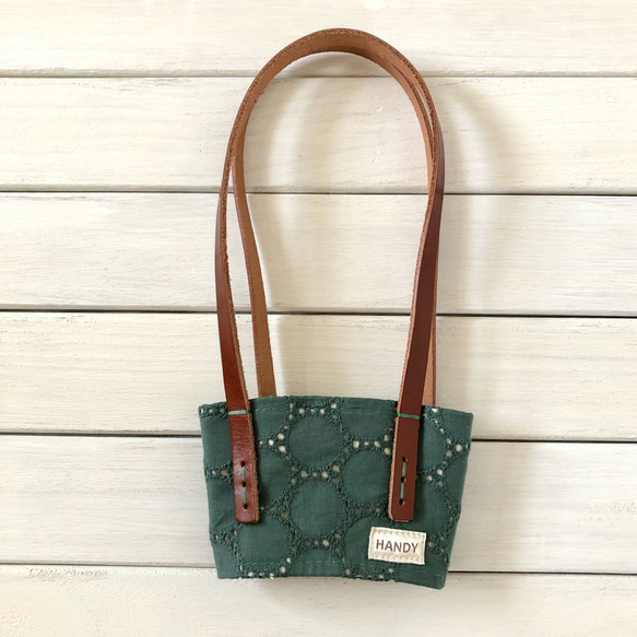 SOKONUKE BAG ＊レザーハンドルシリーズ （Eyelet Lace Green）ドリンクホルダー　エコバッグ 2枚目の画像