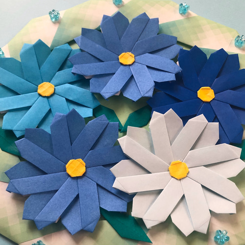 折り紙秋リース＊コスモス・ブルー リース ケロティ(只今、発送まで10