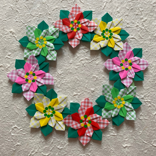 折り紙冬リース＊ポインセチア・チェック リース ケロティ(只今、発送