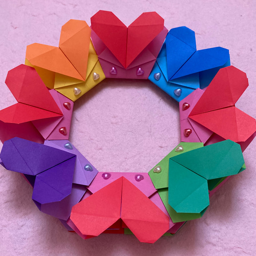 折り紙ハートリース＊5色ミックス リース ケロティ(只今、発送
