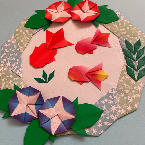 ハンドメイド 折り紙リース/金魚と水蓮