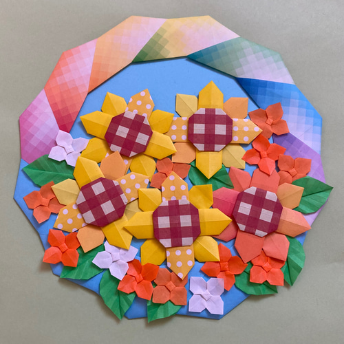 折り紙夏リース＊ひまわりと虹とオレンジ小花 リース ケロティ(只今