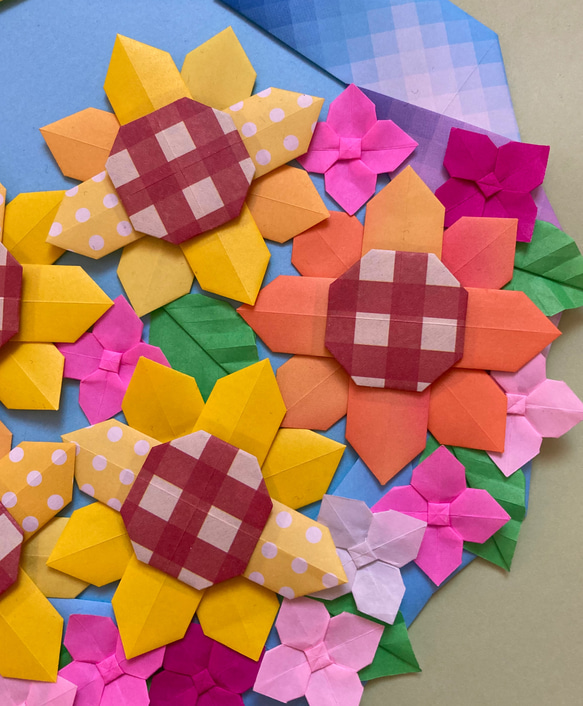 折り紙夏リース＊ひまわりと虹とピンクの小花 4枚目の画像