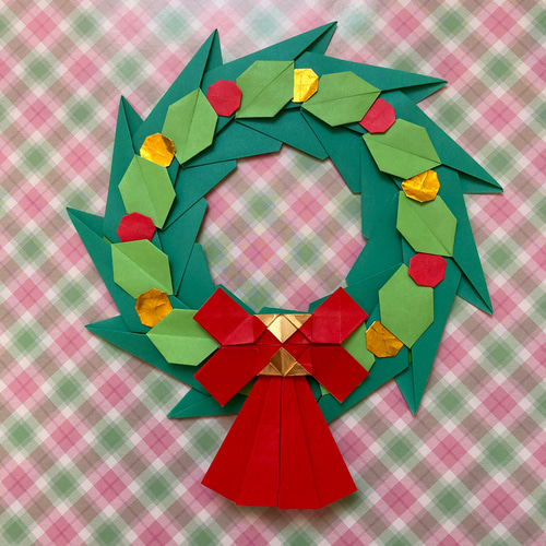 折り紙クリスマスリース＊ひいらぎとリボン・グリーン リース