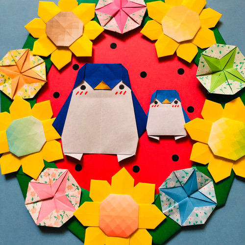 折り紙夏リース＊ひまわりとあさがおwith親子ペンギンブルー リース