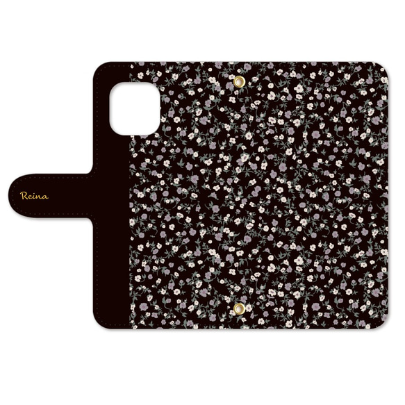 黒 ベースの 小花柄 スマホケース 手帳型 グーグルピクセル アクオス アローズ  あいふぉん スマホカバー 2枚目の画像