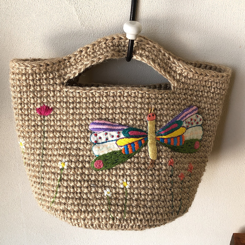 刺繍バッグ 麻紐バッグ 麻紐刺繍バッグ カゴバッグ 蝶々バッグ