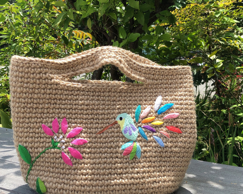 刺繍バッグ 麻紐バッグ 麻紐刺繍バッグ カゴバッグ ハチドリ